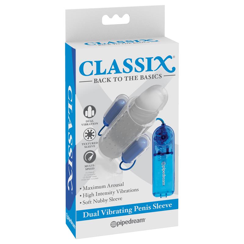 Dual Vibrating Penis Sleeve Blue and Clear
