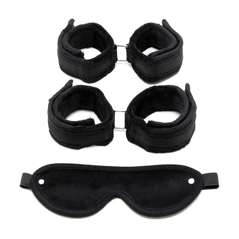 Rimba Bondage Play Handcuffs, Foot Cuffs and Mask Black