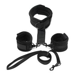 Rimba Bondage Play Handcuffs to Collar with Leash Adjustable Black