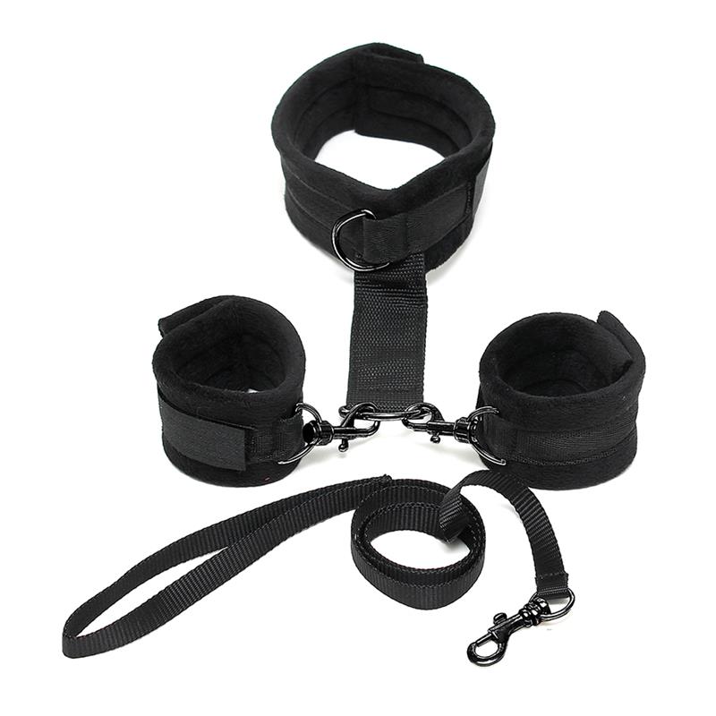 Handcuffs to Collar with Leash Adjustable Black