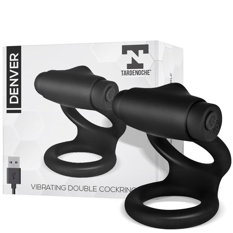 Denver Double Cockring with Vibrating Bullet USB Silicone Black
