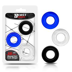 16 mm Round Set of 3 Cock Rings - Clear/Black/Blue