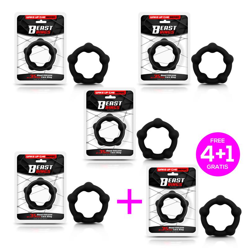 Pack 4+1 Black Bead Silicone Cock Ring 3.5 cm