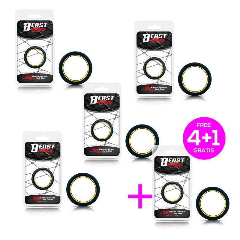 Pack 4+1 Penis Ring 100% Solid Silicone 3.6 cm Yellow and Black