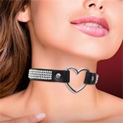 Collar with Heart and Rhinestones Choker Style Vegan Leather One Size