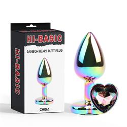 Rainbow Effect Metal Butt Plug with Heart Jewel 2,7"