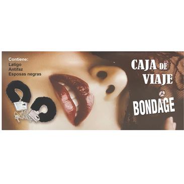 CAJA DE VIAJE DE  BONDAGE ESPOSAS NEGRAS + LATIGOZ