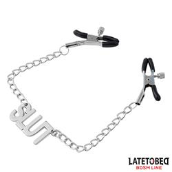 Nipple clamps with Slut word pendant