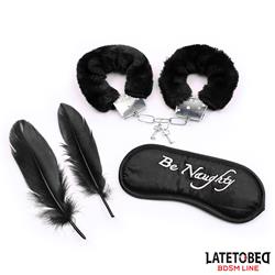 3 Pieces Set Mask, Handcuffs and Feathers Black