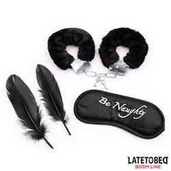 Set de 3 Piezas Antifaz, Esposas y Plumas Negro