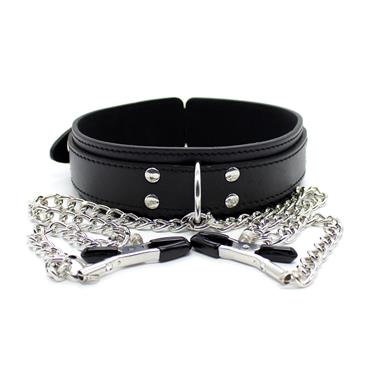 Collar with Nipple Clamps and metal Chain Black