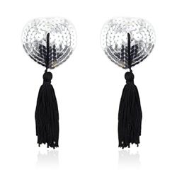 Heart Sequin Nipple Cover with Tassel Silver/Black