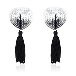 Self-Adhesive Heart Sequin Nipple Cover with Tassel Silver/Black