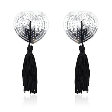 Self-Adhesive Heart Sequin Nipple Cover with Tassel Silver/Black
