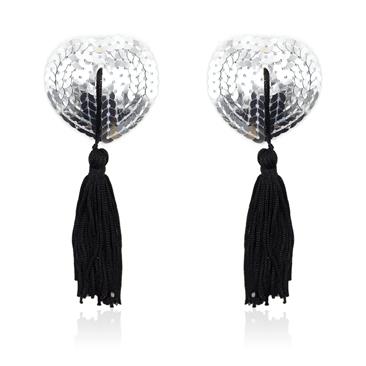 Self-Adhesive Heart Sequin Nipple Cover with Tassel Silver/Black