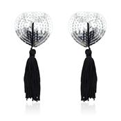 Self-Adhesive Heart Sequin Nipple Cover with Tassel Silver/Black