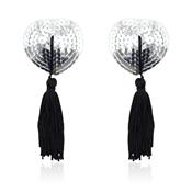 Self-Adhesive Heart Sequin Nipple Cover with Tassel Silver/Black
